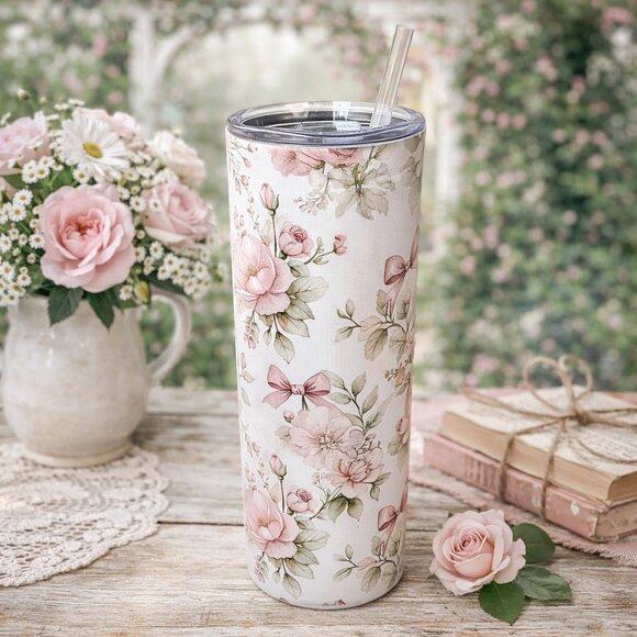 The Crowing Hen of Clayton Other - Pink Floral Cottagecore 20 oz Skinny Tumbler | Vintage Roses Bow Aesthetic